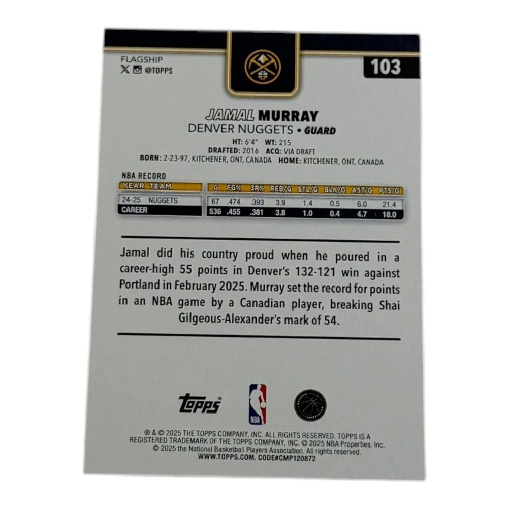 2025 Topps Jamal Murray Gold Parallel Denver Nuggets #103 Serial‎ Numbered /2025